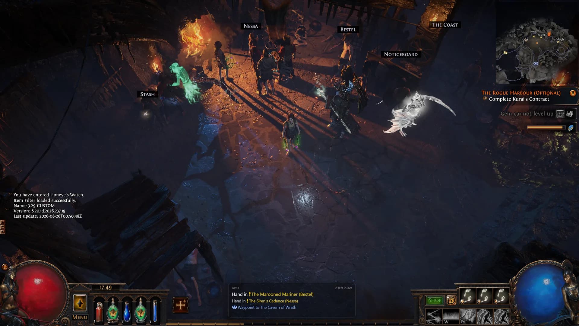 The overlay in the game window, showing the steps left in act 1: hand in The Marooned Mariner and The Siren's Cadence, then the waypoint to The Cavern of Wrath.